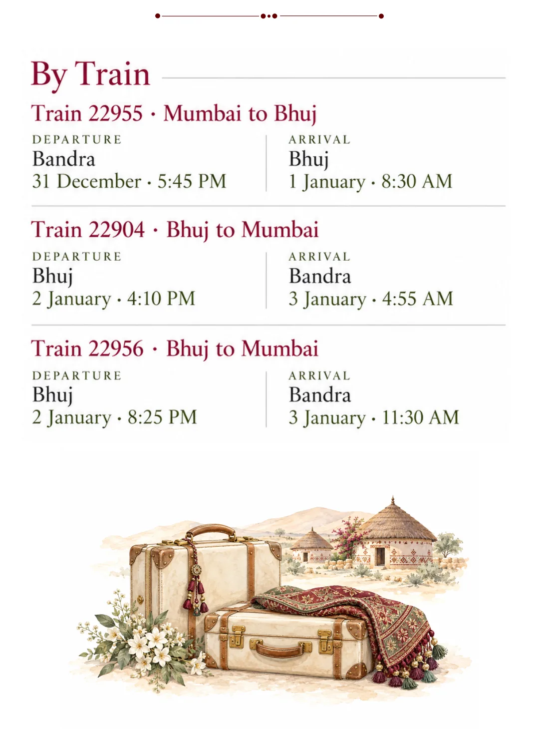 By Train. 22955: Bandra, 31 December at 5:45 PM, arriving Bhuj, 1 January at 8:30 AM. 22904: Bhuj, 2 January at 4:10 PM, arriving Bandra, 3 January at 4:55 AM. 22956: Bhuj, 2 January at 8:25 PM, arriving Bandra, 3 January at 11:30 AM.